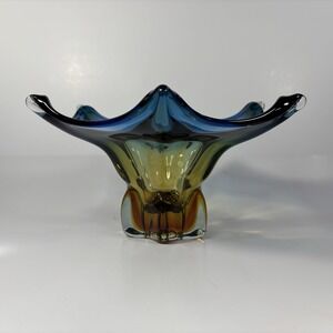 Starfish Bowl Dish Hand Blown Art Glass Golden Amber Blue, MCM,